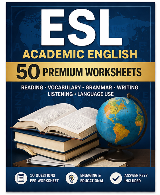 Ultimate ESL & Academic English Worksheet Pack (50 Printable Worksheets + Answer Keys)